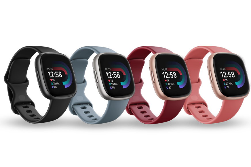 Man siehr die verschiedenen Farben der Fitbit Versa 4.
